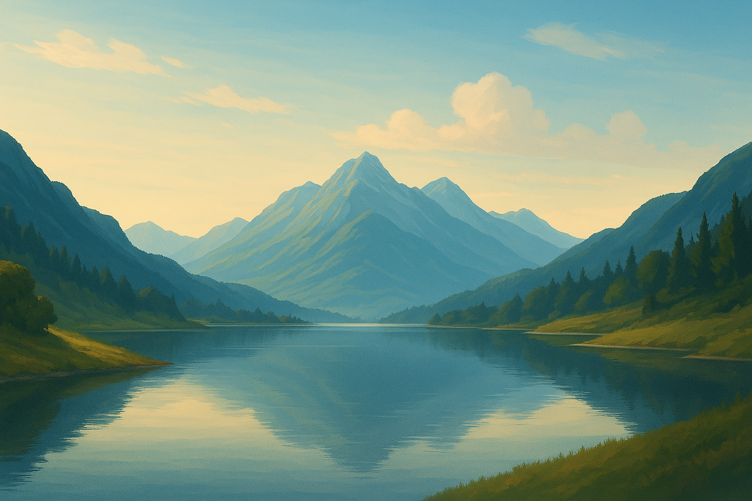 A serene landscape with mountains and a calm lake